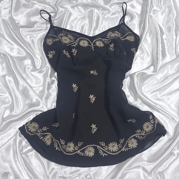 Willi Smith Tops - y2k Cami Top Black Excellent Willi Smith Silk Embroidered Beaded Floral Tank